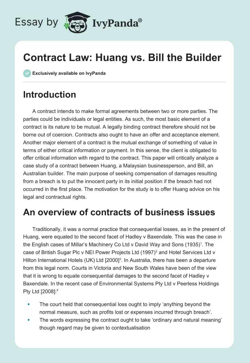Contract Law: Huang vs. Bill the Builder. Page 1