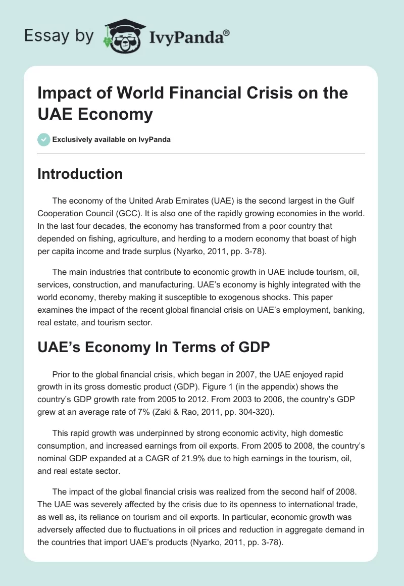 Impact of World Financial Crisis on the UAE Economy. Page 1