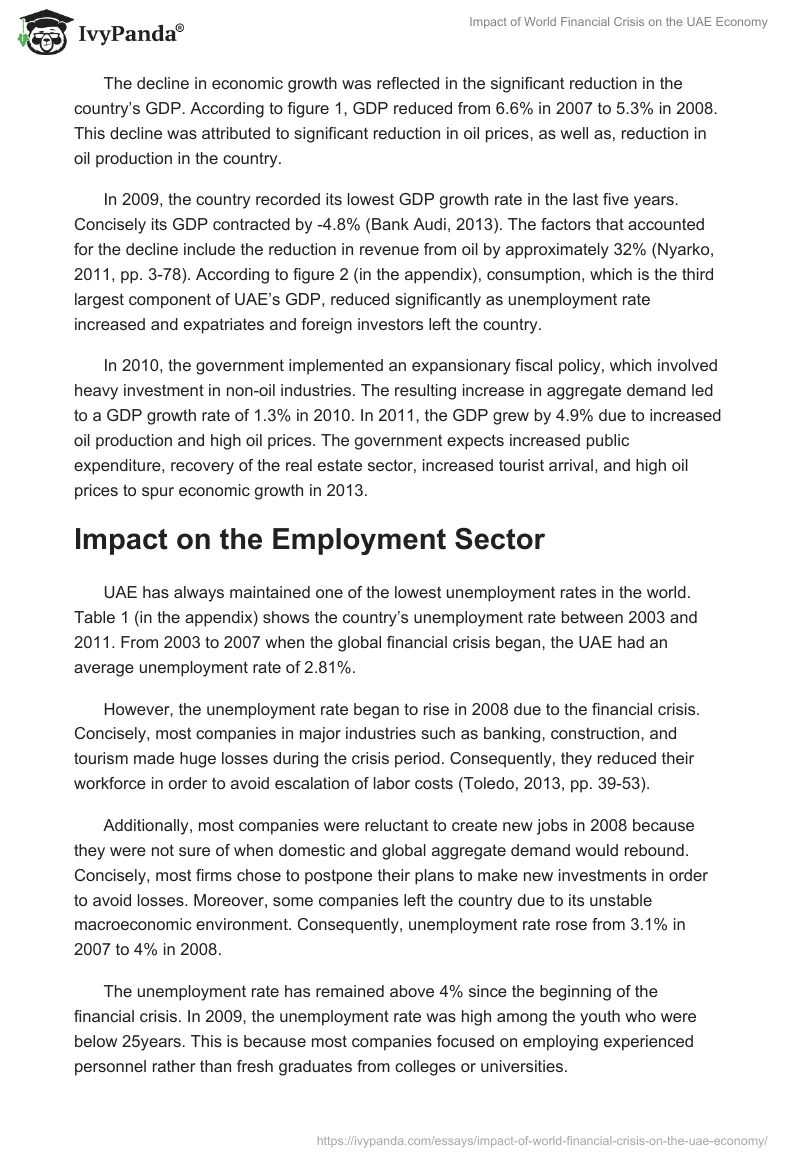 Impact of World Financial Crisis on the UAE Economy. Page 2