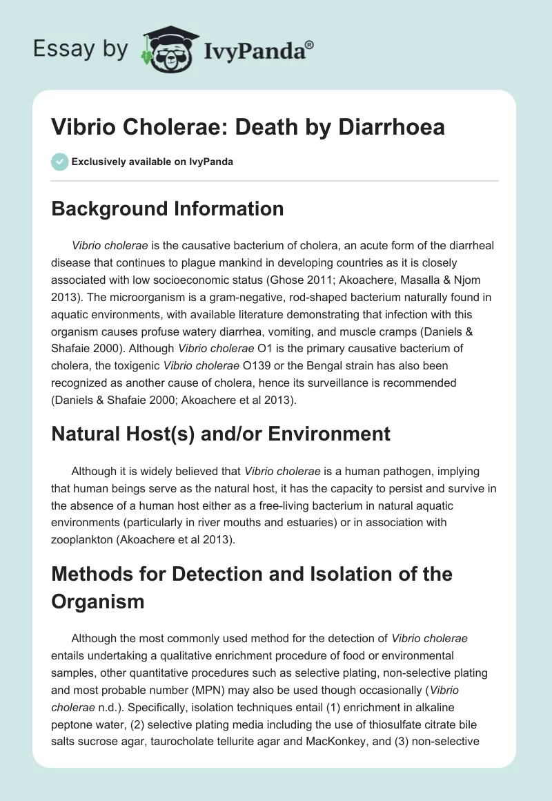 Vibrio Cholerae: Death by Diarrhoea. Page 1
