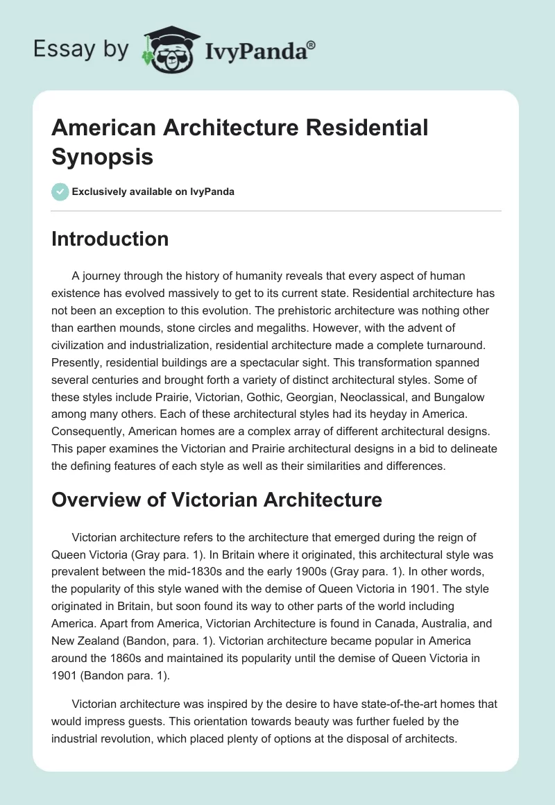 American Architecture Residential Synopsis. Page 1