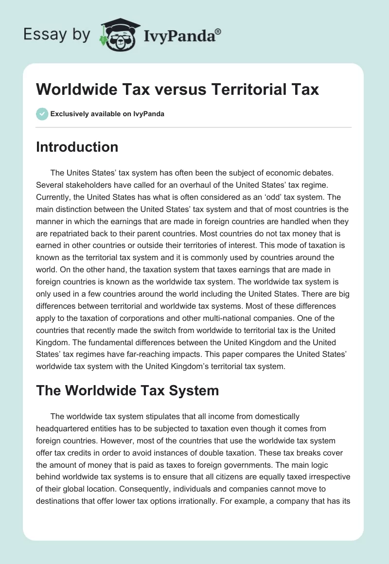 Worldwide Tax versus Territorial Tax. Page 1