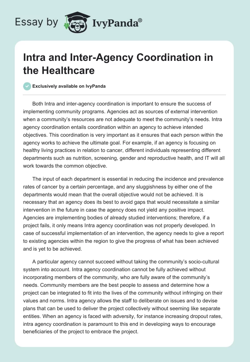 Intra and Inter-Agency Coordination in the Healthcare. Page 1