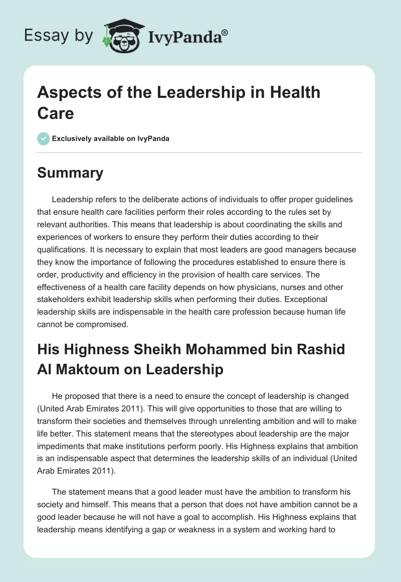 Aspects of the Leadership in Health Care. Page 1