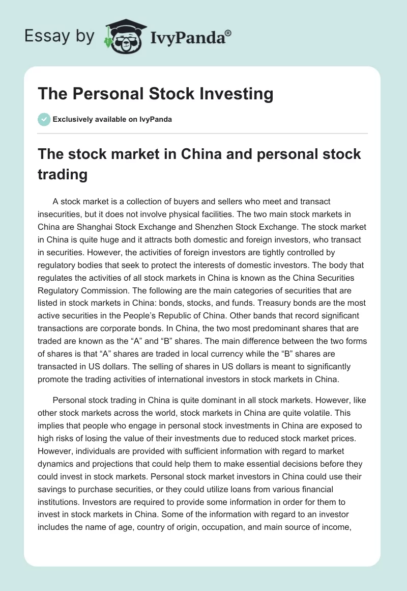 The Personal Stock Investing. Page 1