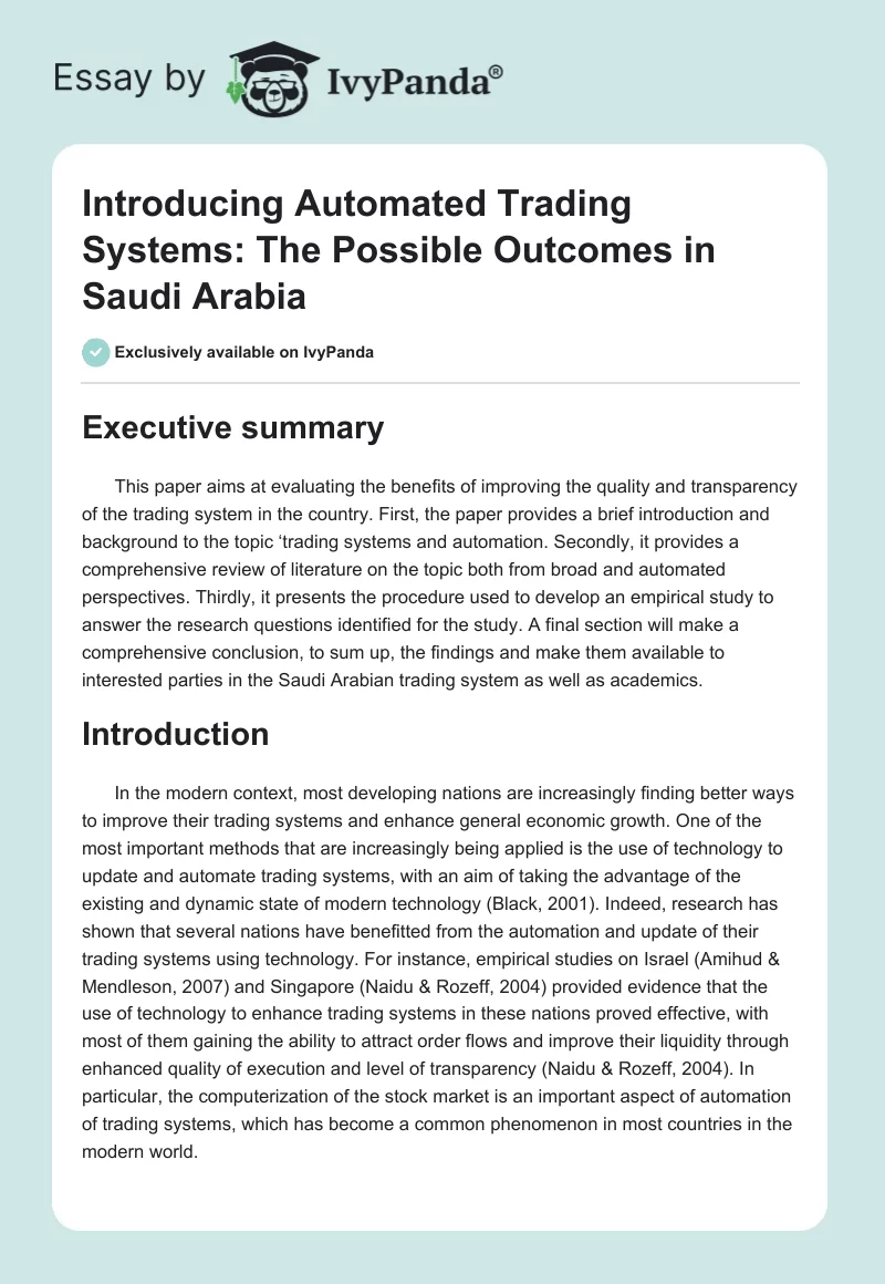 Introducing Automated Trading Systems: The Possible Outcomes in Saudi Arabia. Page 1