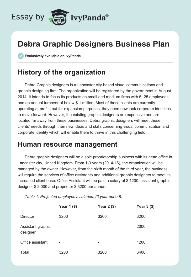 Debra Graphic Designers Business Plan. Page 1