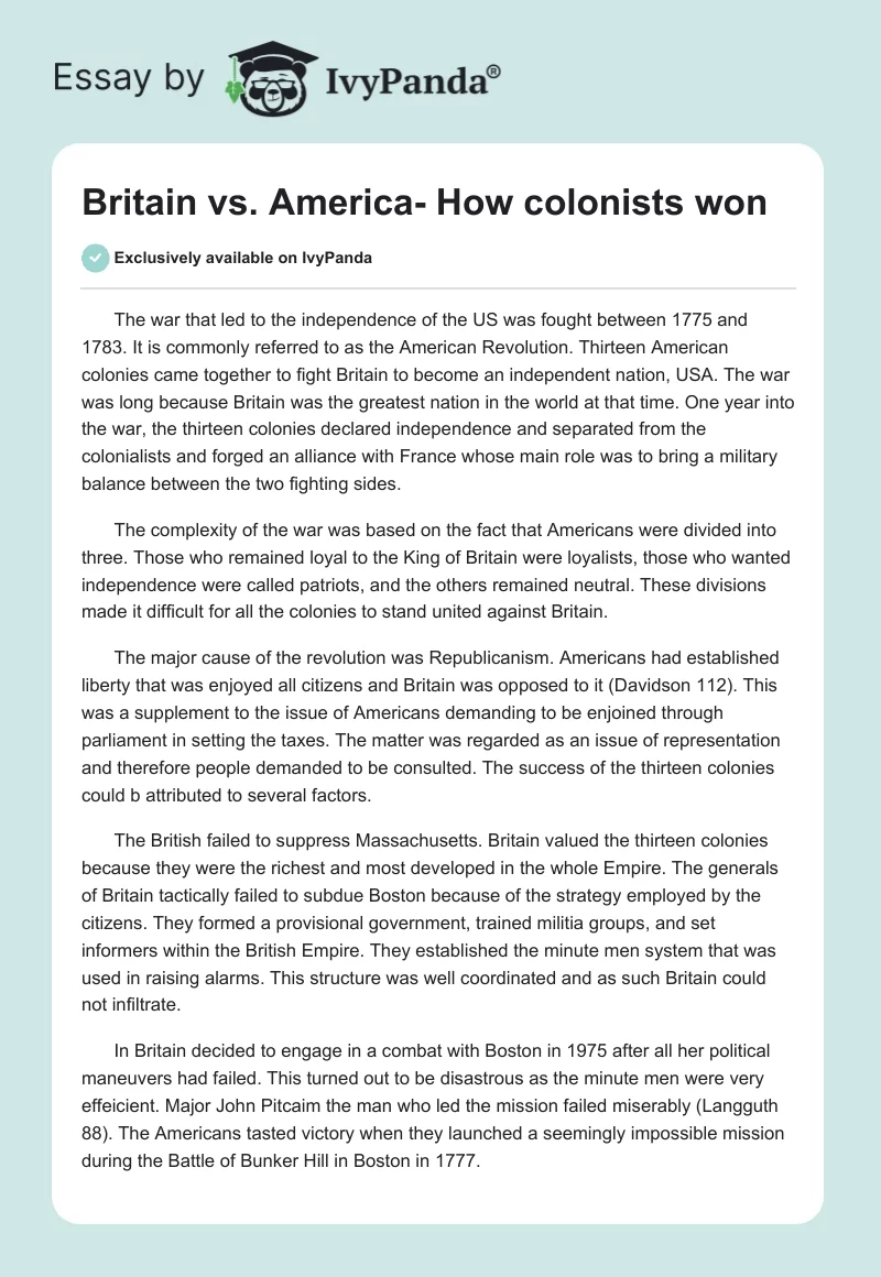 Britain vs. America- How colonists won. Page 1