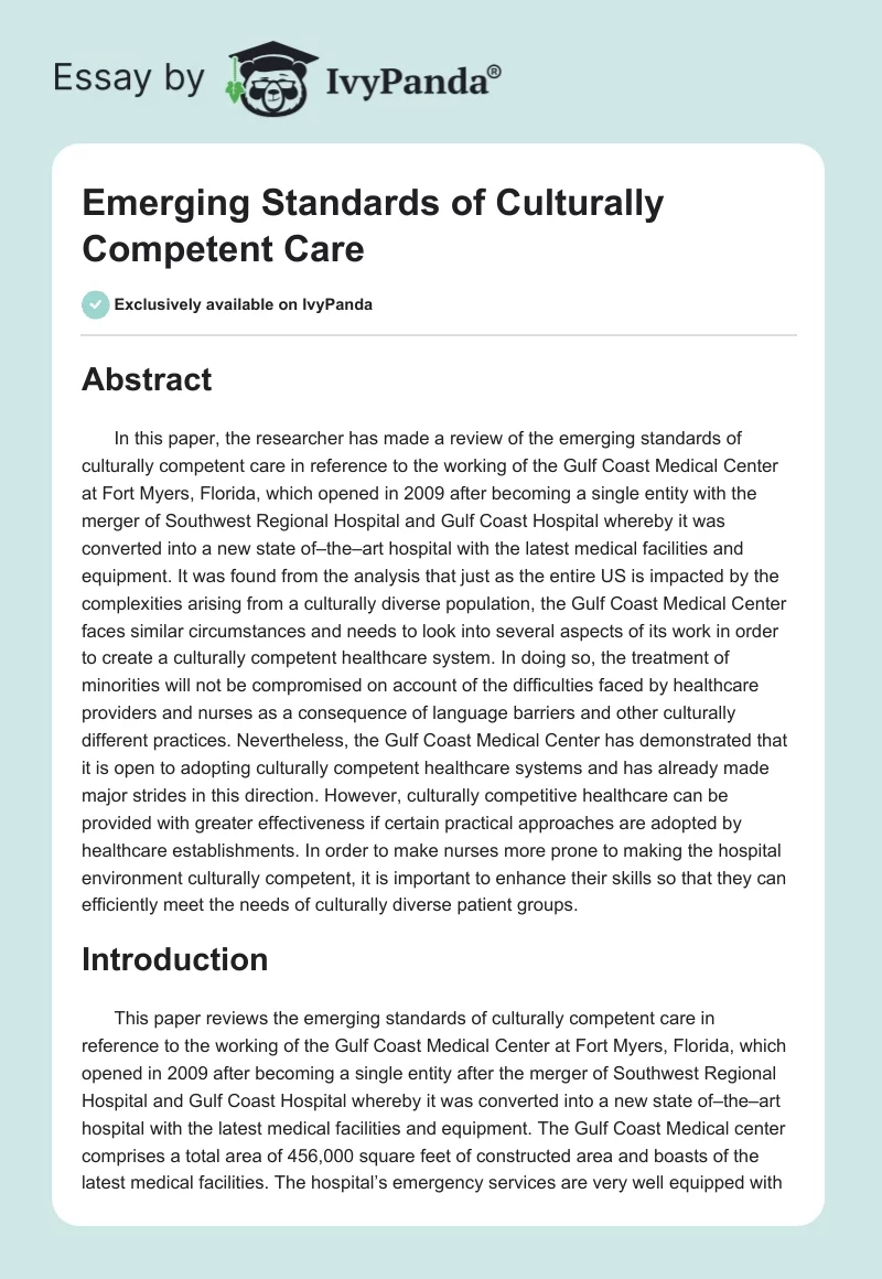 Emerging Standards of Culturally Competent Care. Page 1