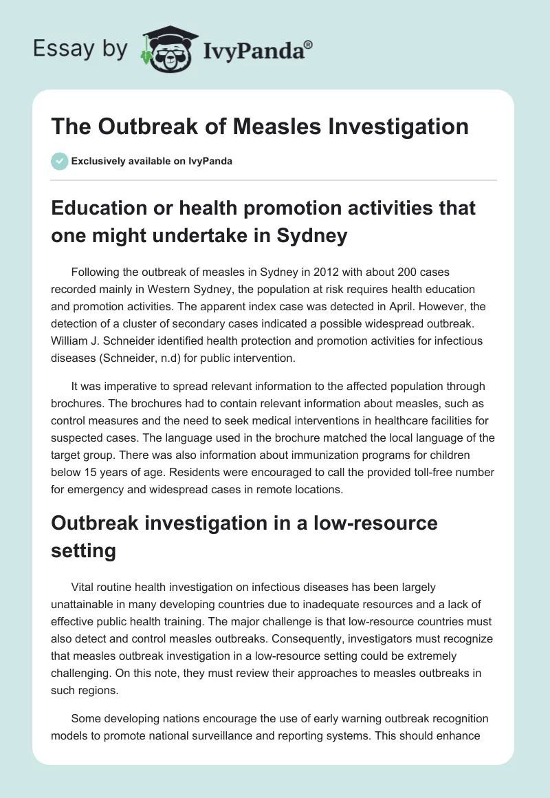 The Outbreak of Measles Investigation. Page 1