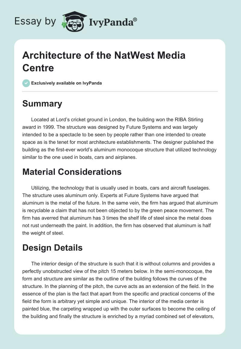 Architecture of the NatWest Media Centre. Page 1