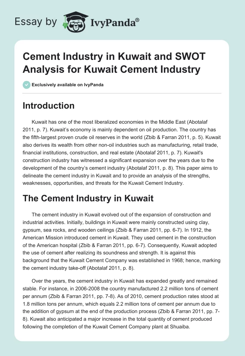Cement Industry in Kuwait and SWOT Analysis for Kuwait Cement Industry. Page 1