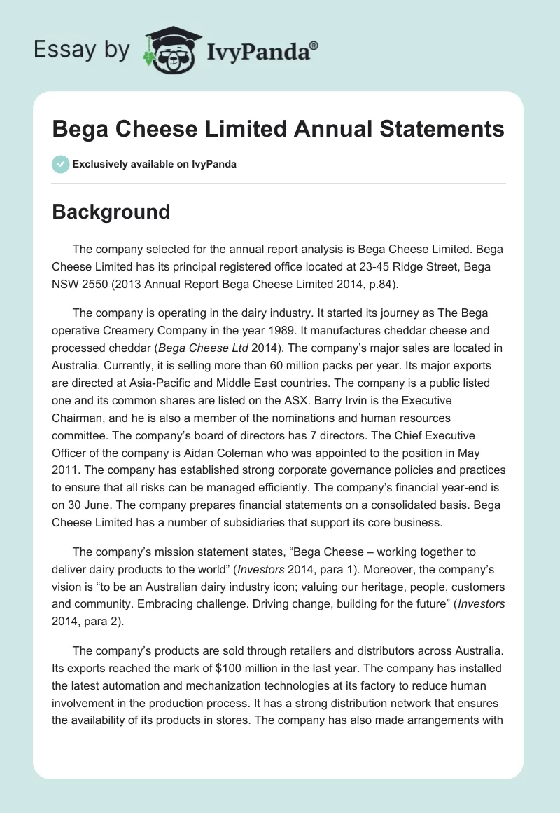 Bega Cheese Limited Annual Statements. Page 1