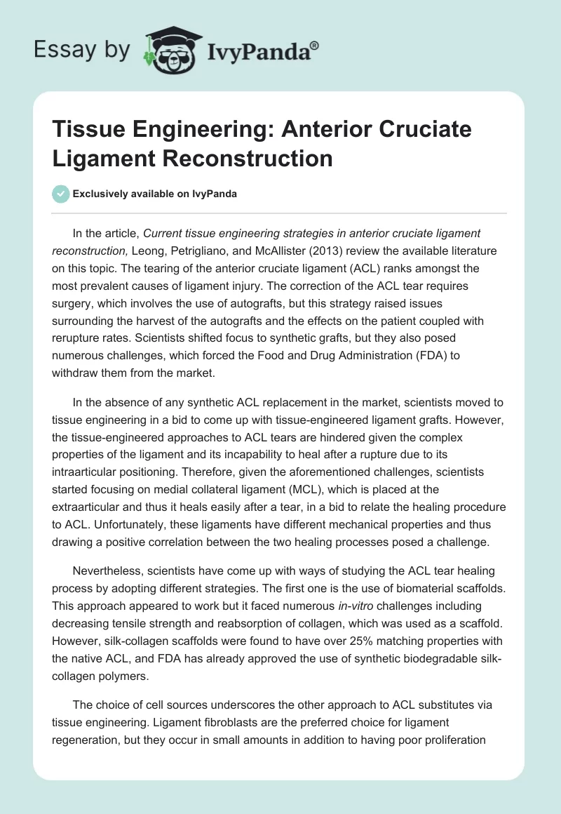 Tissue Engineering: Anterior Cruciate Ligament Reconstruction. Page 1