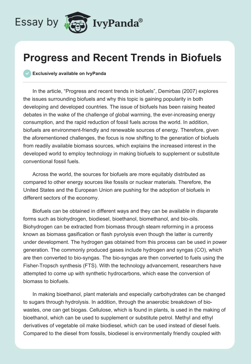 Progress and Recent Trends in Biofuels. Page 1