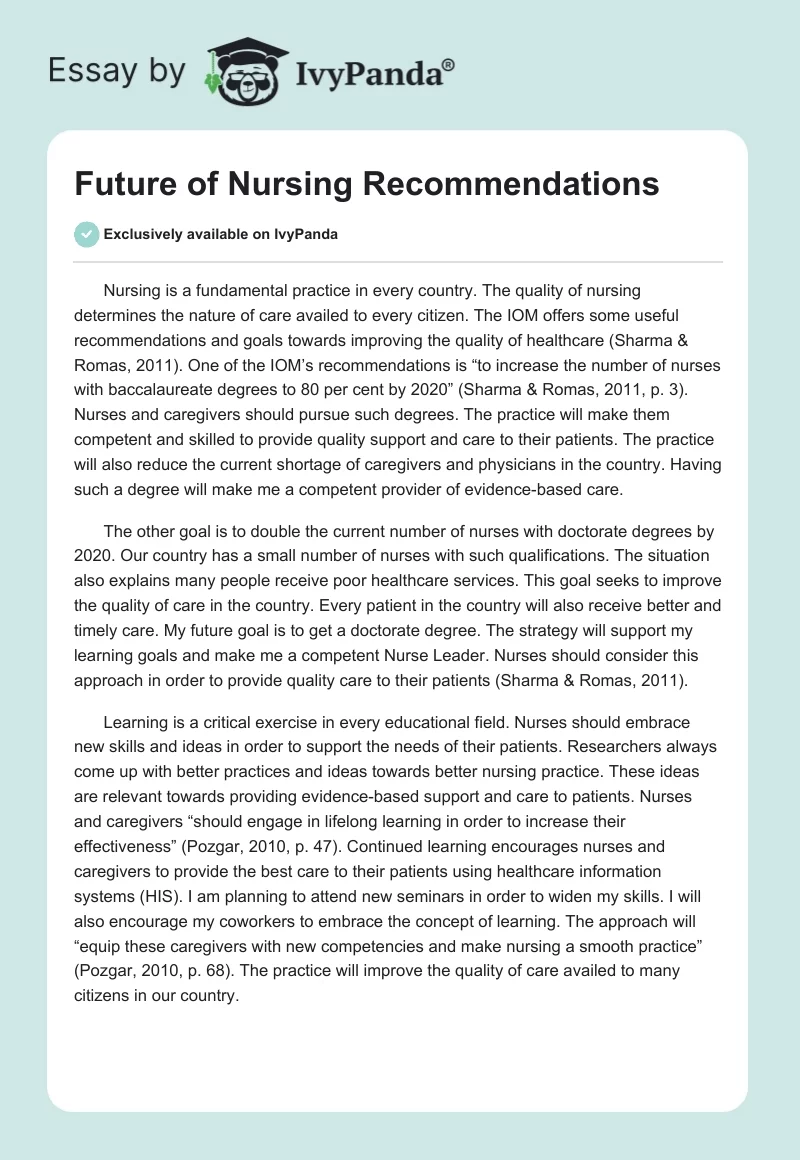 Future of Nursing Recommendations. Page 1