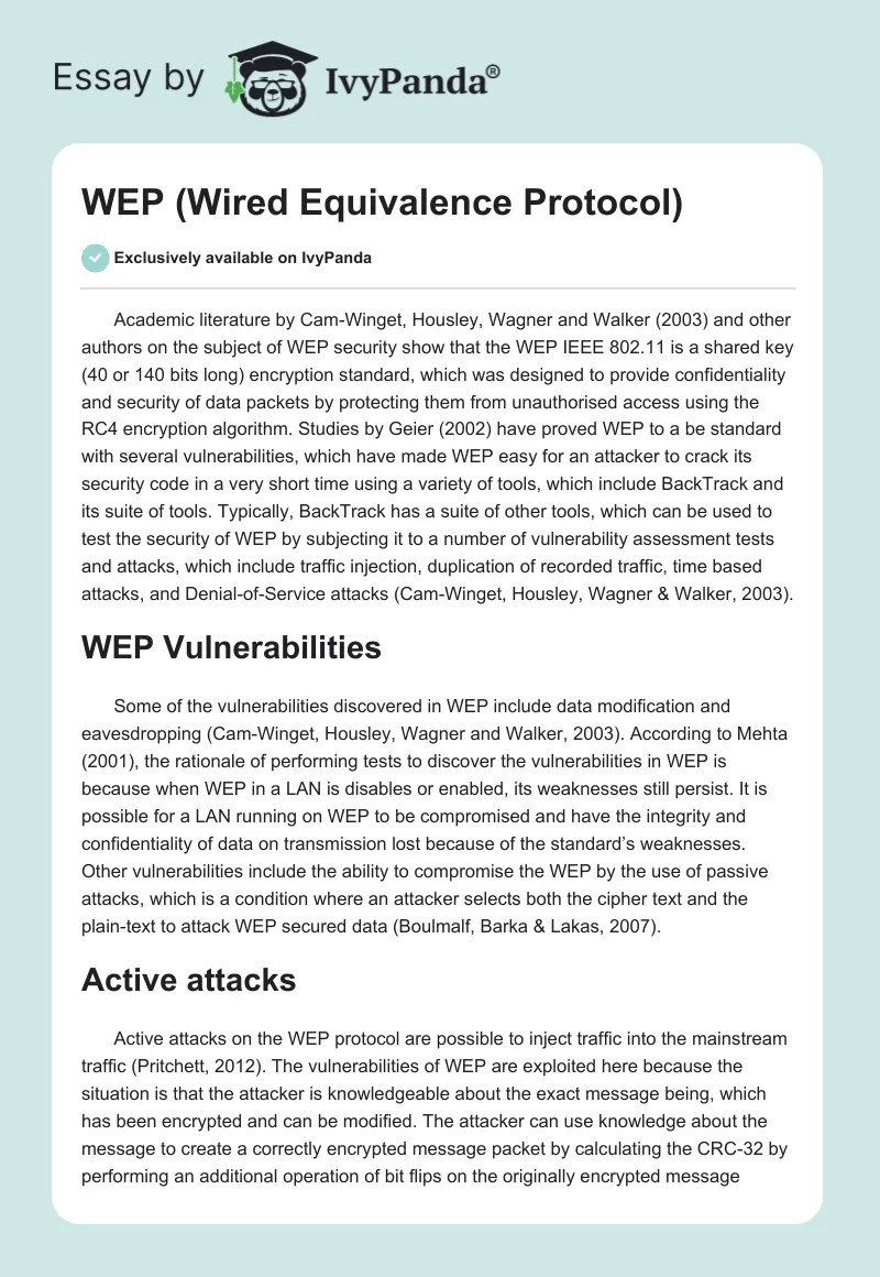 WEP (Wired Equivalence Protocol). Page 1