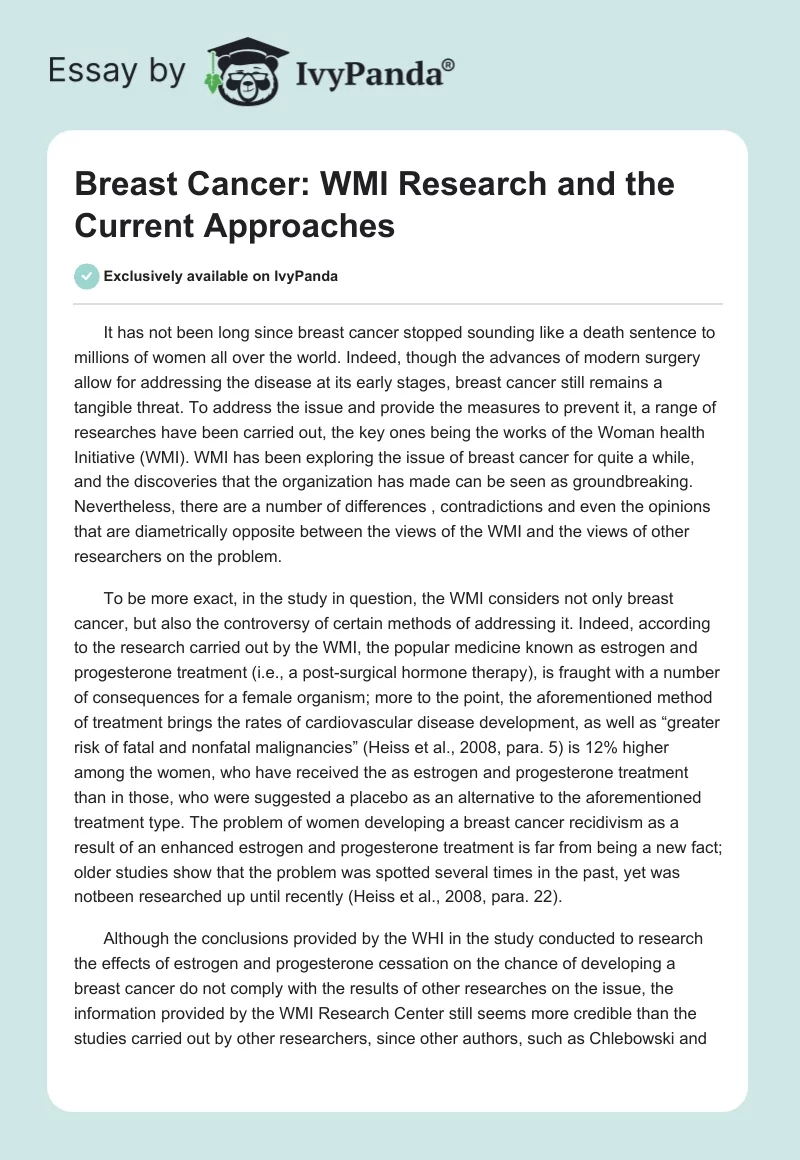 Breast Cancer: WMI Research and the Current Approaches. Page 1