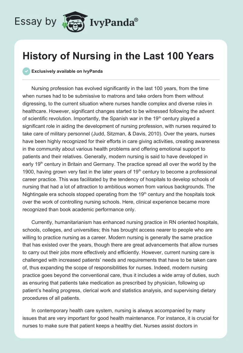History of Nursing in the Last 100 Years. Page 1