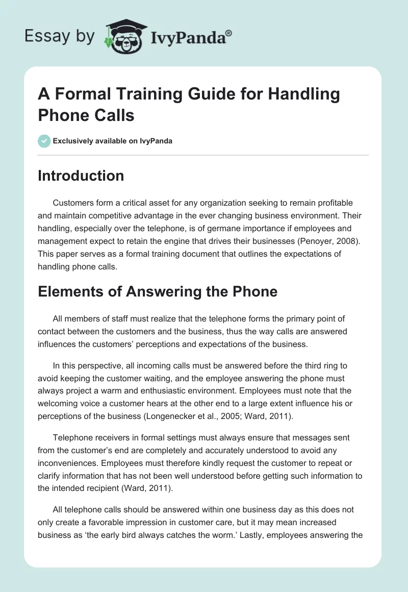 A Formal Training Guide for Handling Phone Calls. Page 1