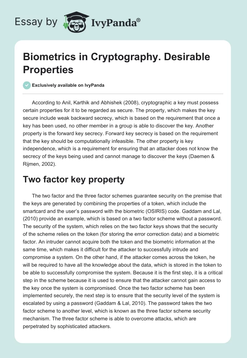 Biometrics in Cryptography. Desirable Properties. Page 1