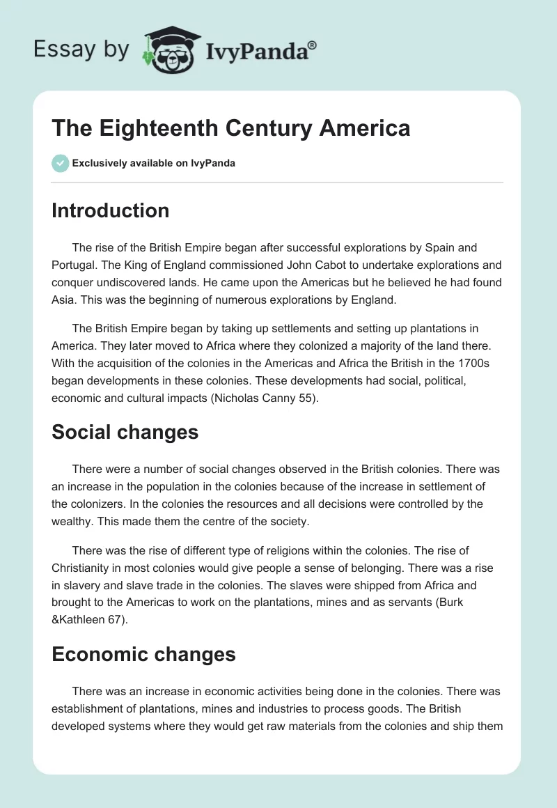 The Eighteenth Century America. Page 1