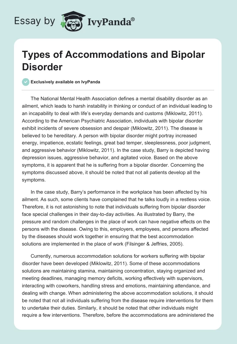 Types of Accommodations and Bipolar Disorder. Page 1
