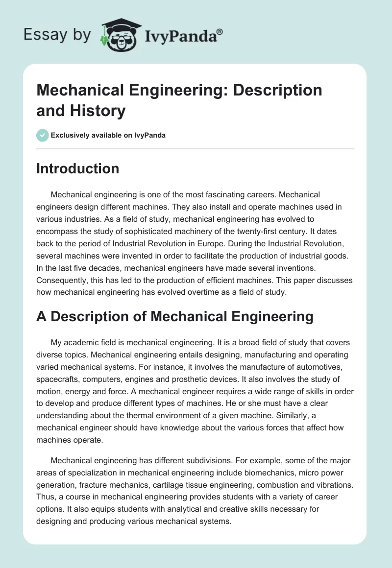 Mechanical Engineering: Description and History. Page 1