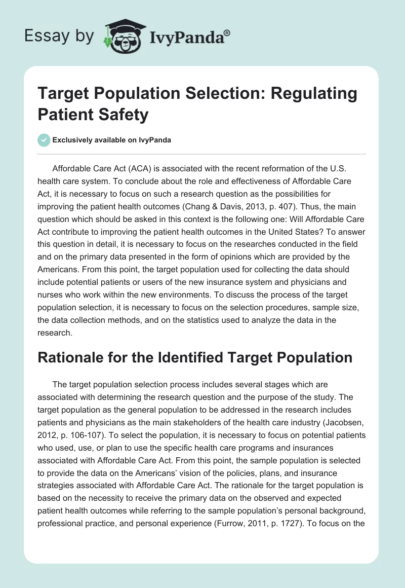 Target Population Selection: Regulating Patient Safety. Page 1