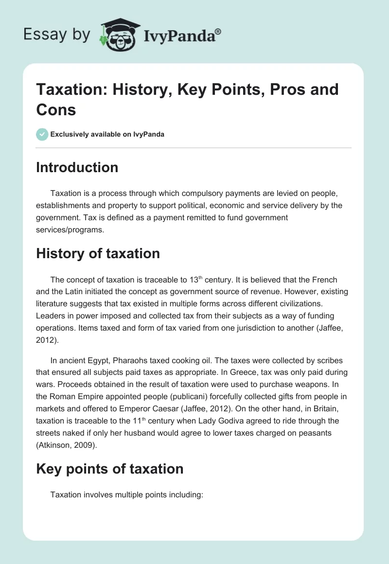 Taxation: History, Key Points, Pros and Cons. Page 1
