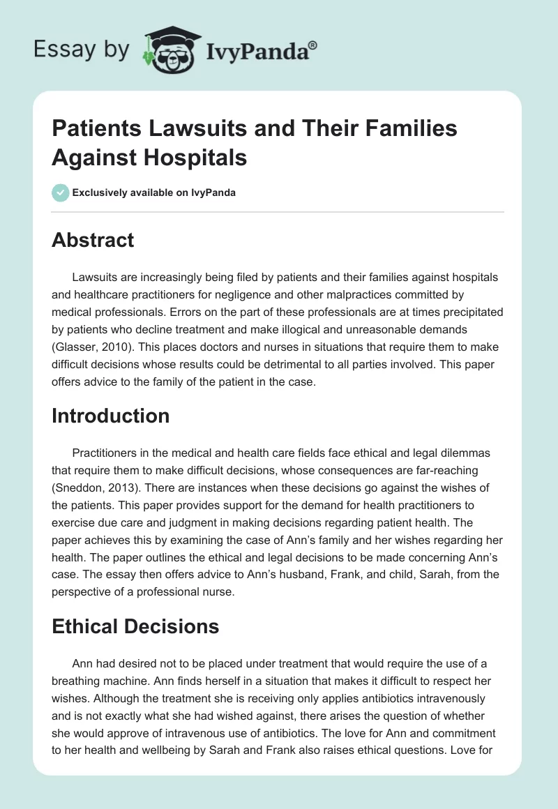 Patients Lawsuits and Their Families Against Hospitals. Page 1