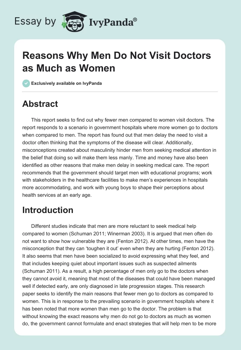 Reasons Why Men Do Not Visit Doctors as Much as Women. Page 1