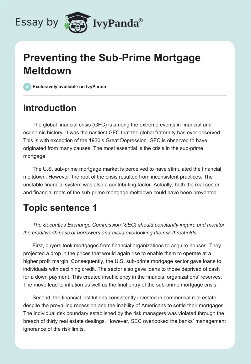 Preventing the Sub-Prime Mortgage Meltdown. Page 1