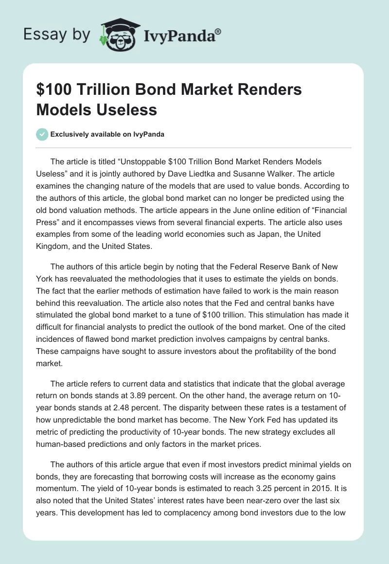 $100 Trillion Bond Market Renders Models Useless. Page 1