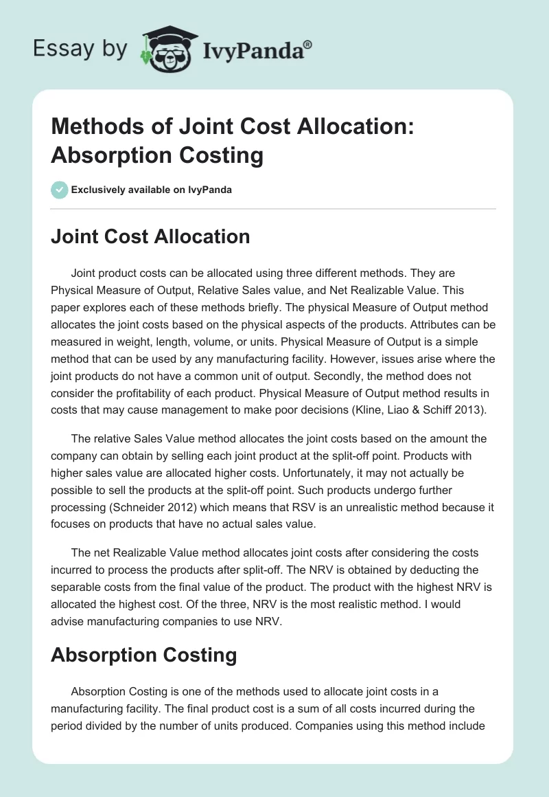 Methods of Joint Cost Allocation: Absorption Costing. Page 1