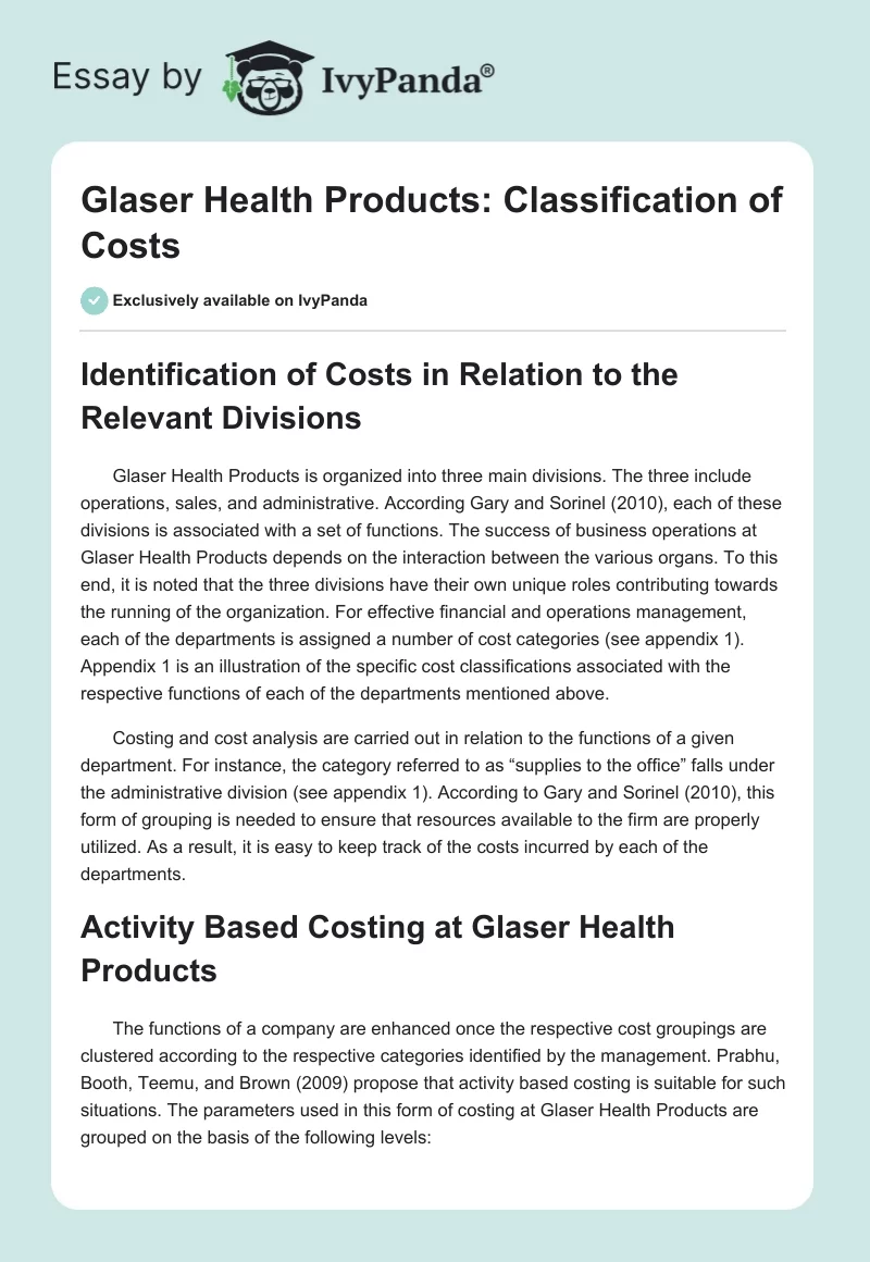 Glaser Health Products: Classification of Costs. Page 1
