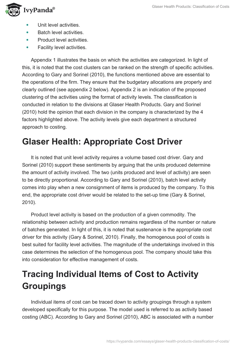 Glaser Health Products: Classification of Costs. Page 2