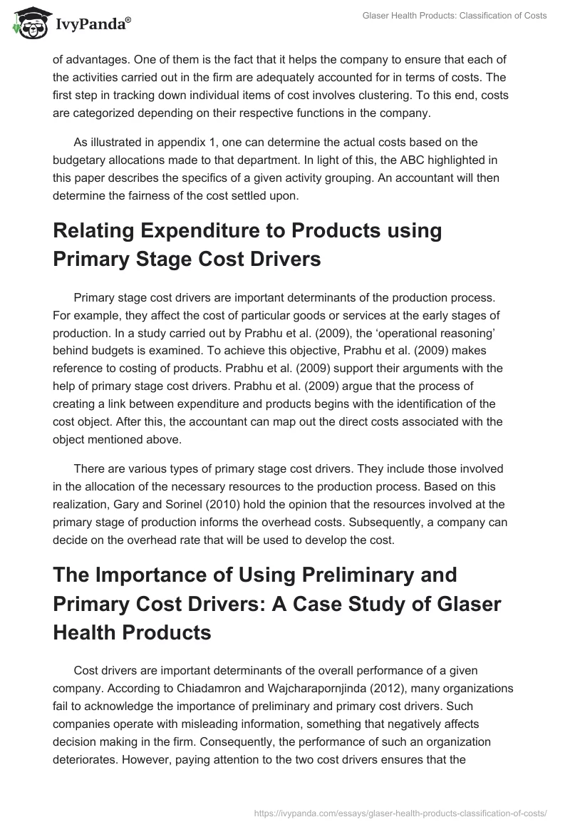 Glaser Health Products: Classification of Costs. Page 3