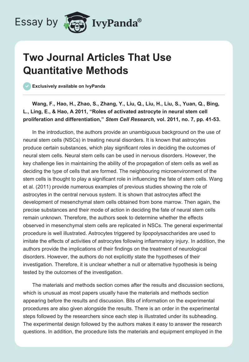 Two Journal Articles That Use Quantitative Methods. Page 1