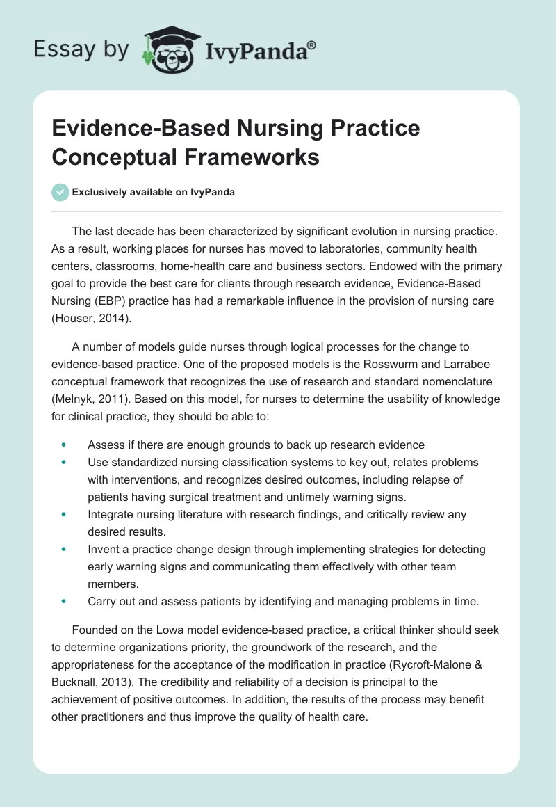 Evidence-Based Nursing Practice Conceptual Frameworks. Page 1