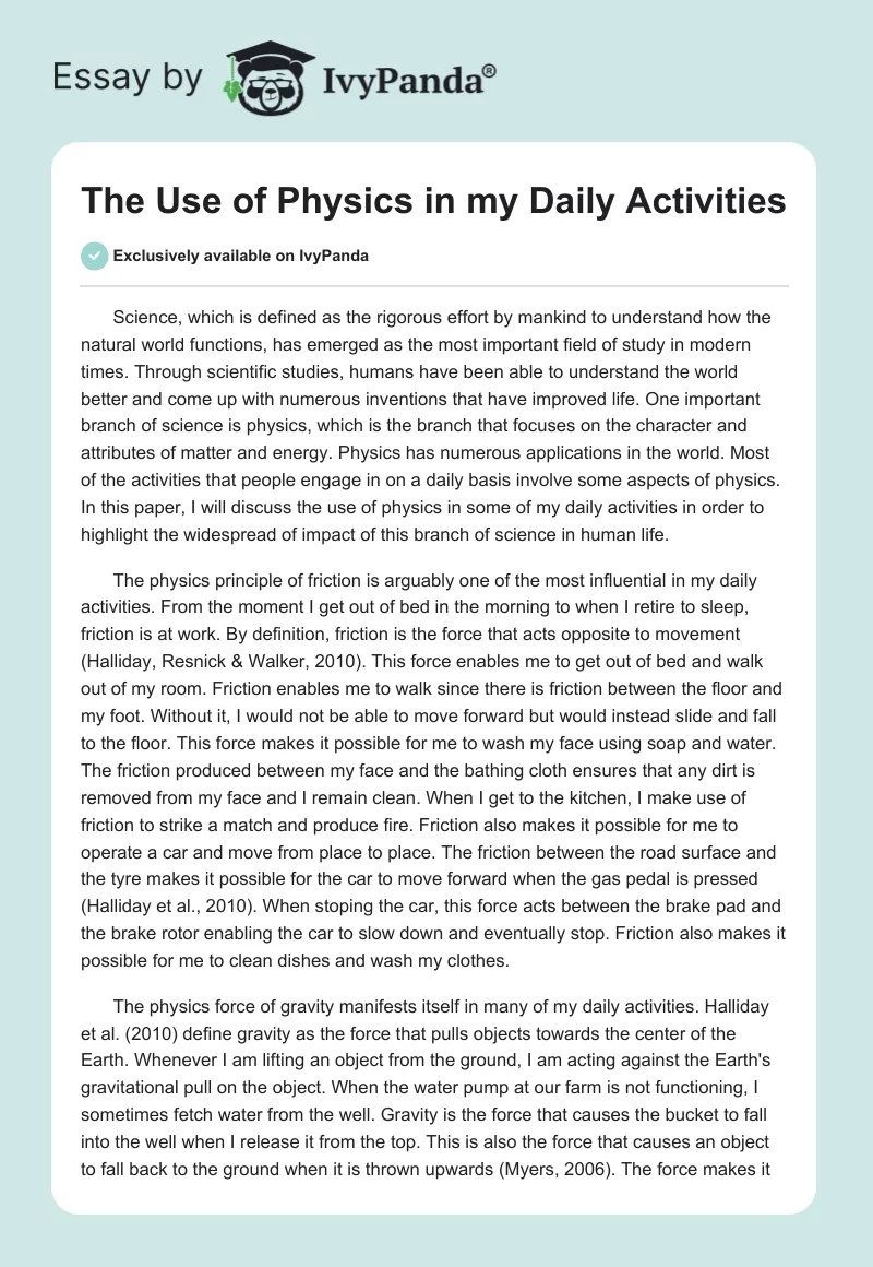 The Use of Physics in my Daily Activities. Page 1