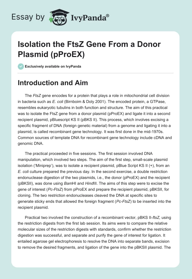 Isolation the FtsZ Gene From a Donor Plasmid (pProEX). Page 1