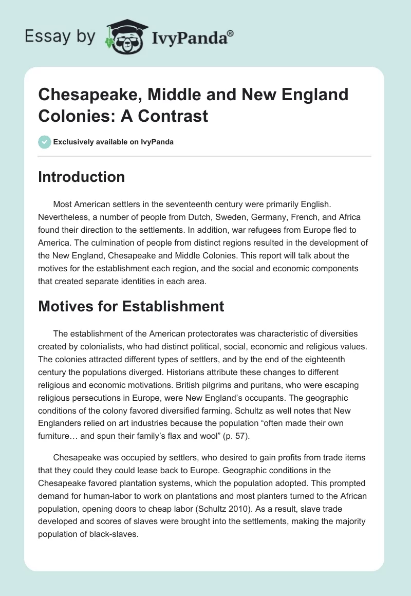 Chesapeake, Middle and New England Colonies: A Contrast. Page 1