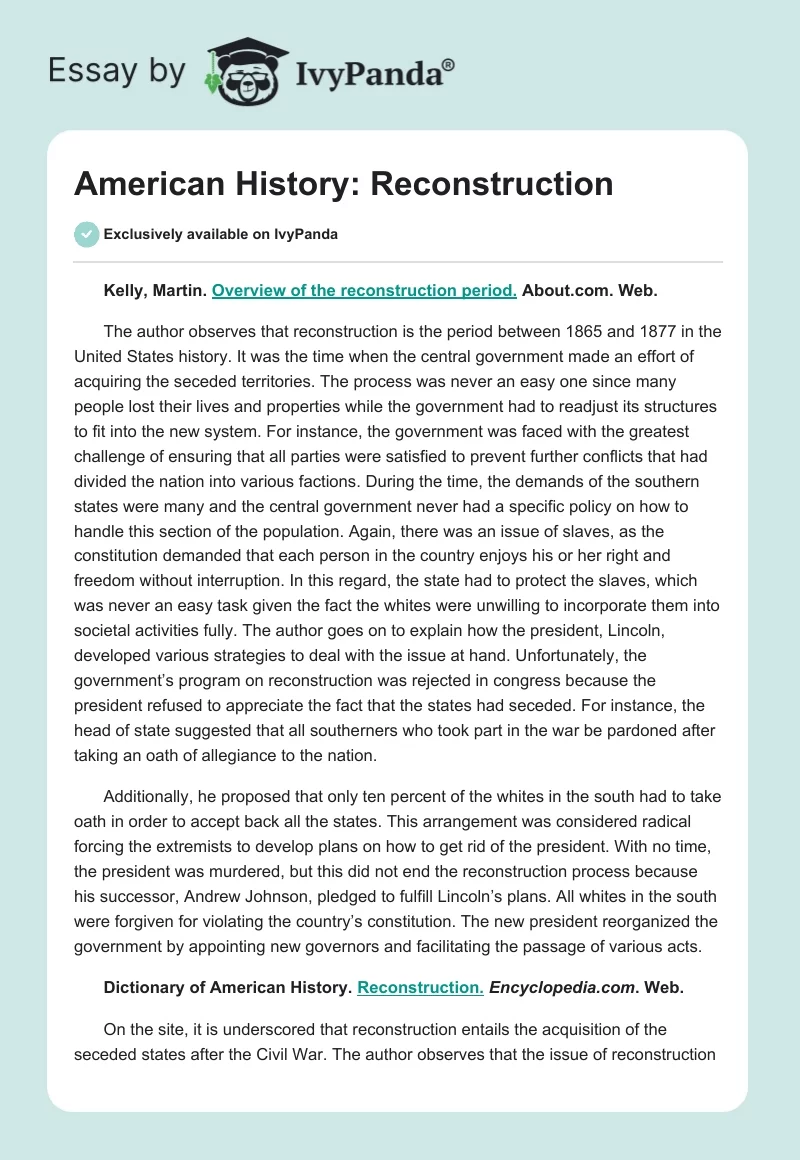 American History: Reconstruction. Page 1