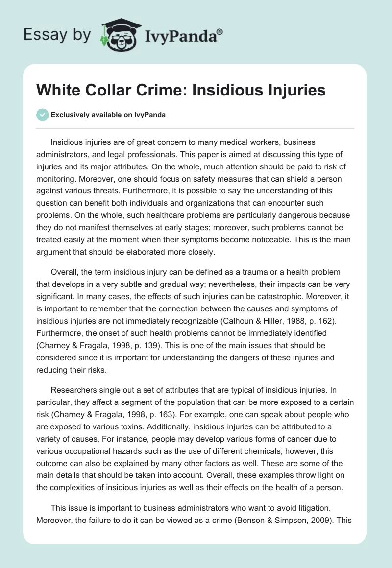 White Collar Crime: Insidious Injuries. Page 1
