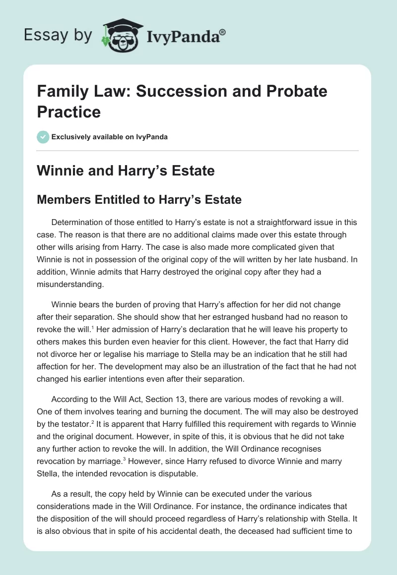 Family Law: Succession and Probate Practice. Page 1