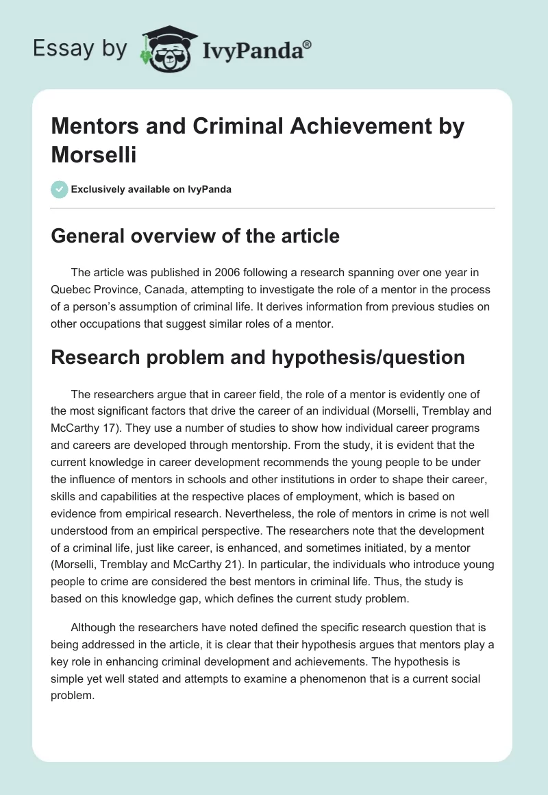 "Mentors and Criminal Achievement" by Morselli. Page 1
