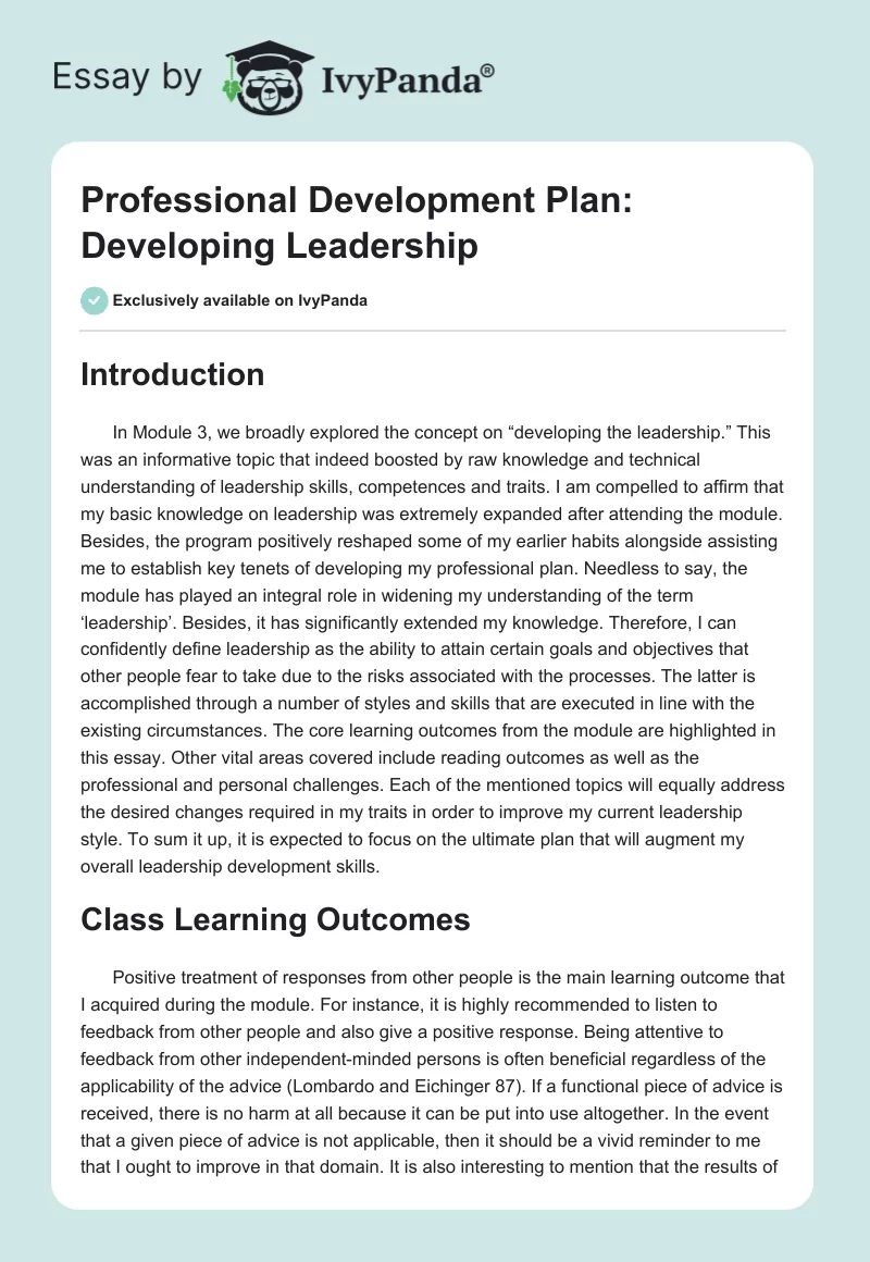Professional Development Plan: Developing Leadership. Page 1