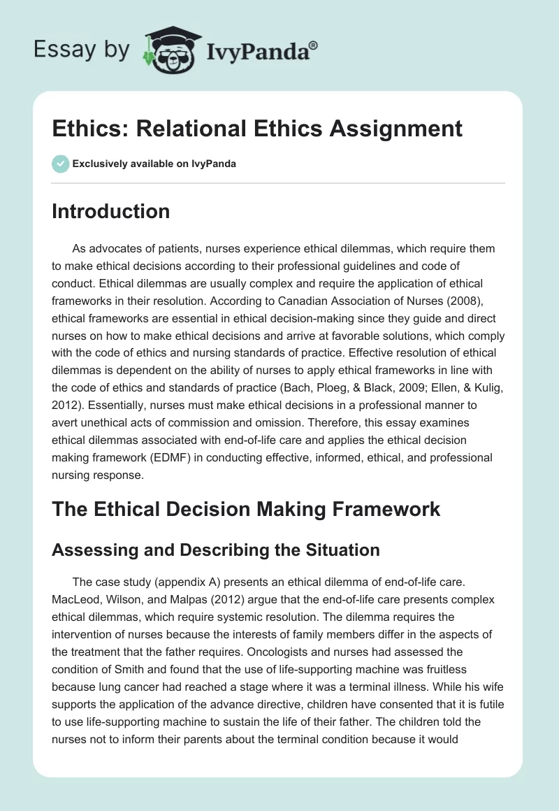 Ethics: Relational Ethics Assignment. Page 1