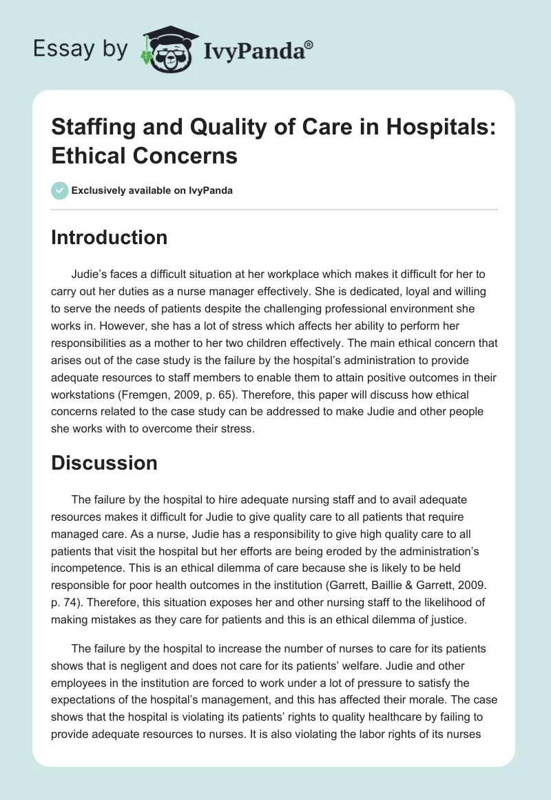 Staffing and Quality of Care in Hospitals: Ethical Concerns. Page 1